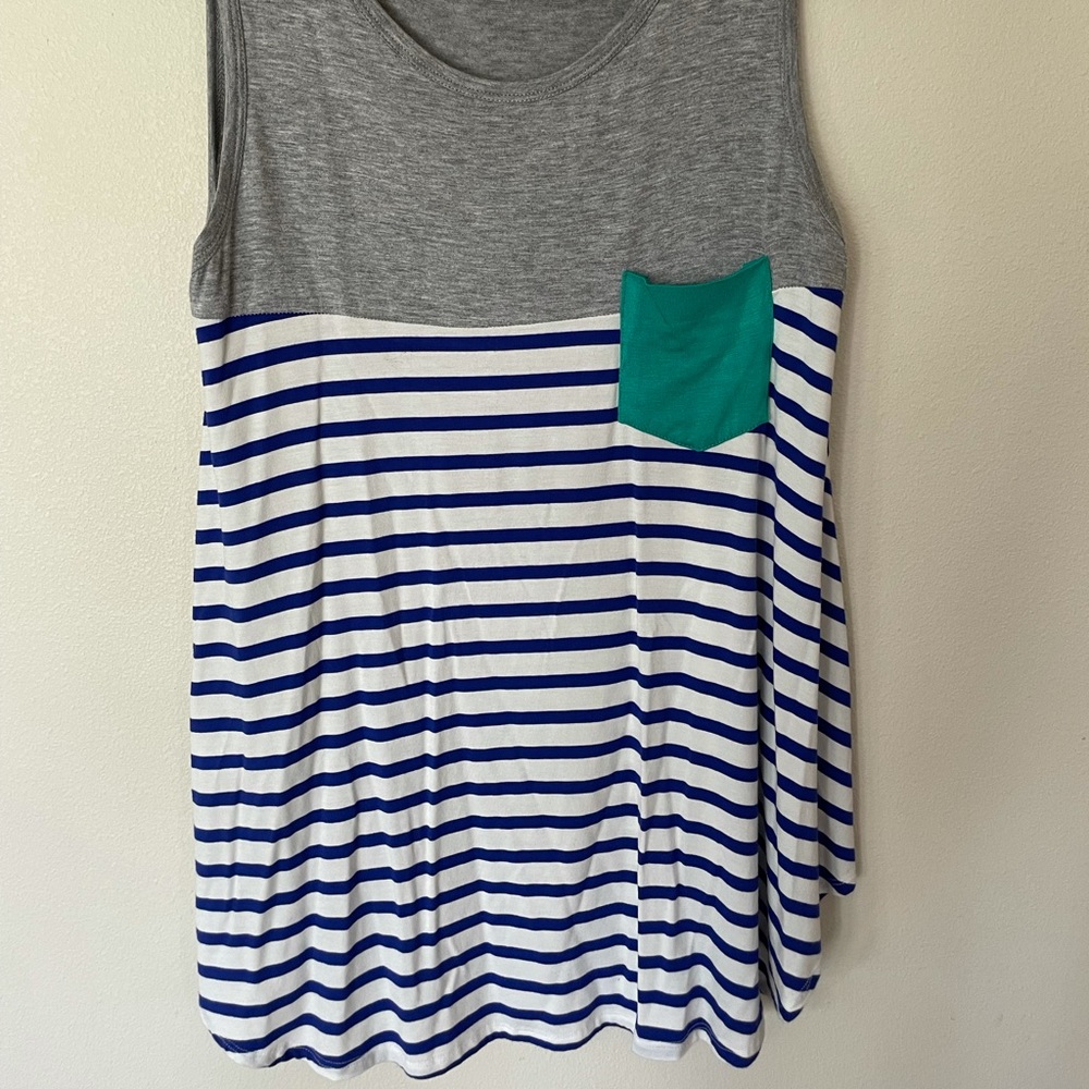 boutique medium tank top with stripes - teal, royal blue, grey, white